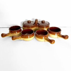 Vintage Pottery Stoneware Crock Relish/Condiment dish w/ Lids and 4 Ramekins